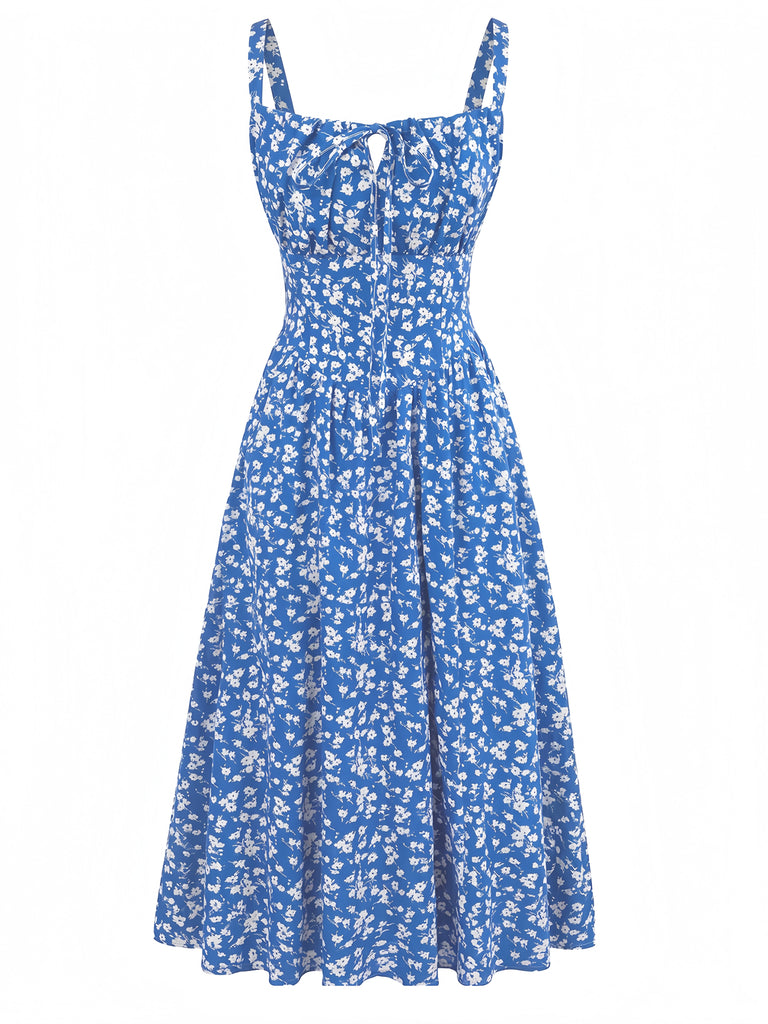 Blaues 40er Kleid mit Ditsy-Blumen und Bindefront