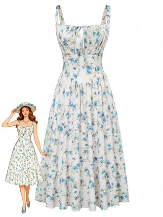 Blaues 40er Kleid mit Ditsy-Blumen und Bindefront