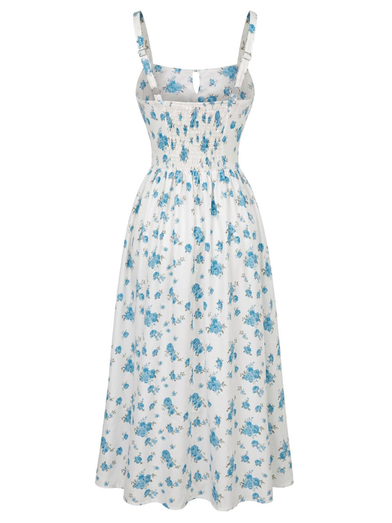 Blaues 40er Kleid mit Ditsy-Blumen und Bindefront