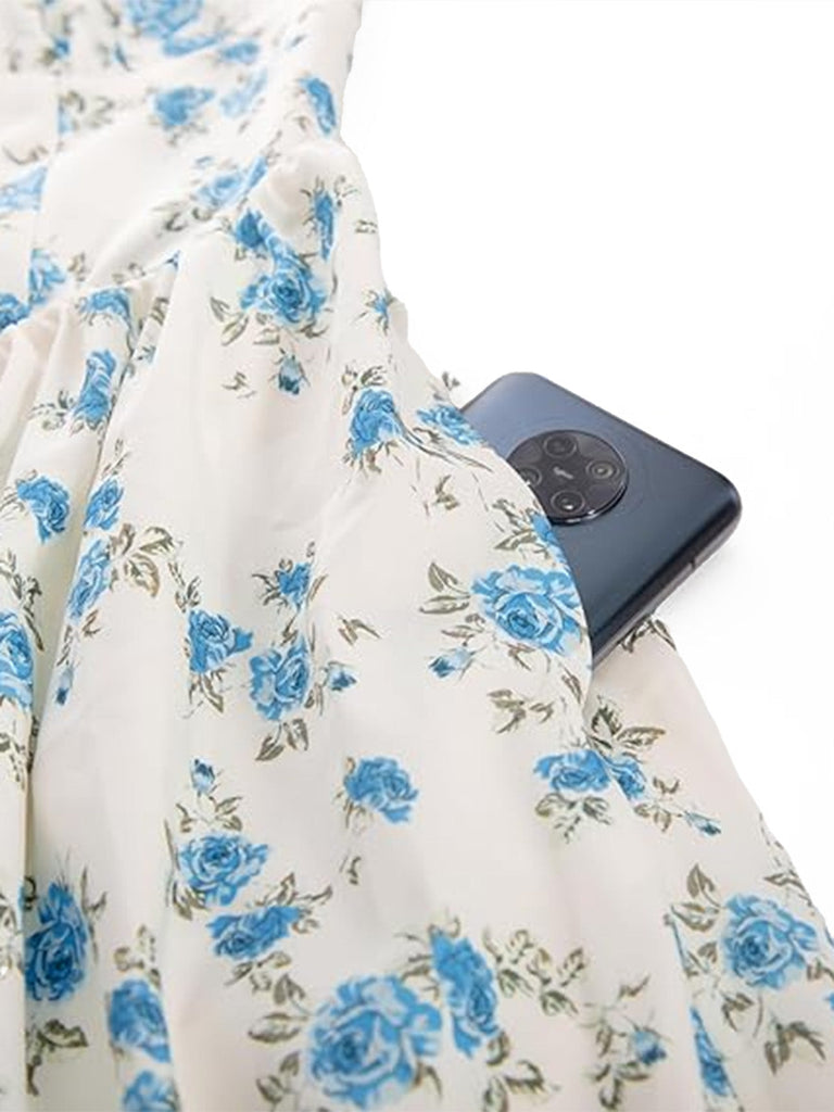 Blaues 40er Kleid mit Ditsy-Blumen und Bindefront