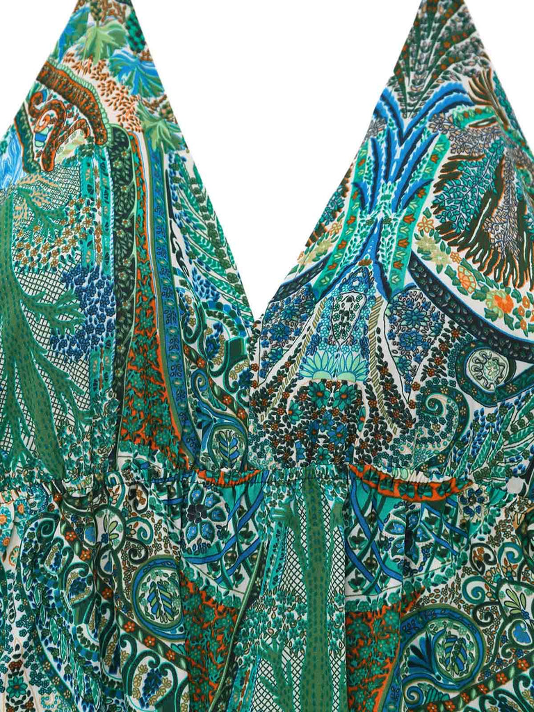 Grünes 70er Boho Maxikleid mit Tiefer V-Ausschnitt und Neckholder