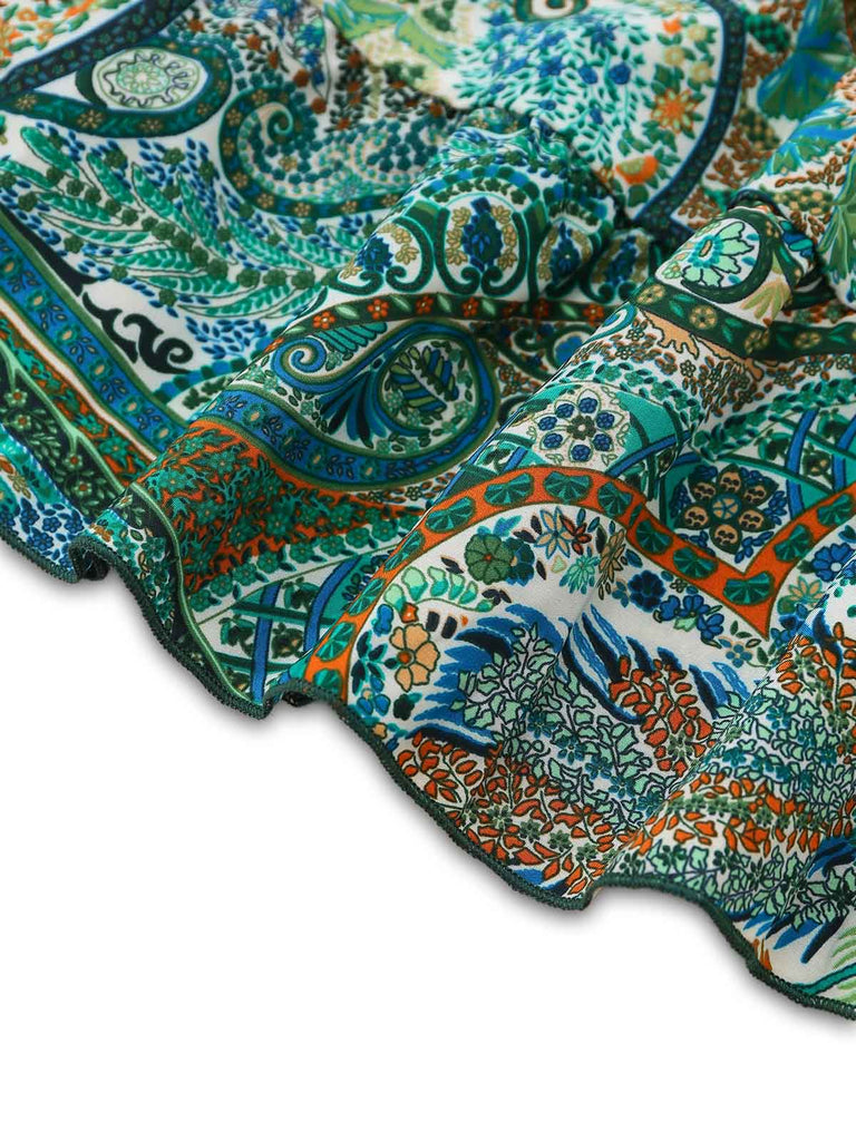 Grünes 70er Boho Maxikleid mit Tiefer V-Ausschnitt und Neckholder