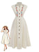 Beiges 40er Kleid mit Blumenstickerei und Kappärmel