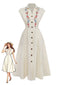 Beiges 40er Kleid mit Blumenstickerei und Kappärmel