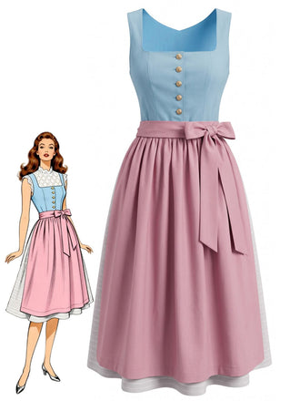 Rosa & Blaues 50er Ärmelloses Kleid mit Eckiger Ausschnitt