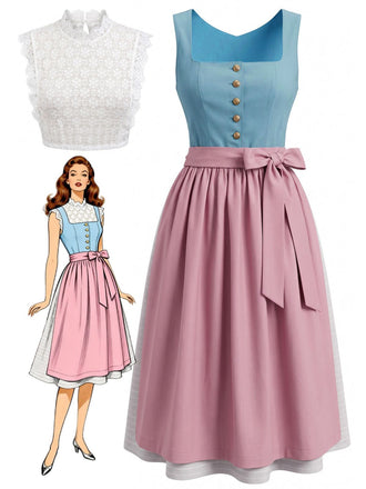 Blaues 50er Oktoberfest-Dirndl-Set mit rosa Schürze und Spitzentop