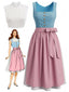 Blaues 50er Oktoberfest-Dirndl-Set mit rosa Schürze und Spitzentop