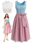 Blaues 50er Oktoberfest-Dirndl-Set mit rosa Schürze und Spitzentop