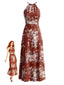 Rotes 70er Boho-Maxikleid mit Blumenmuster und Schlitz