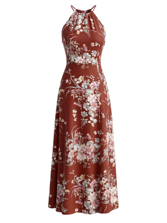 Rotes 70er Boho Maxikleid mit Blumen und Beinschlitz