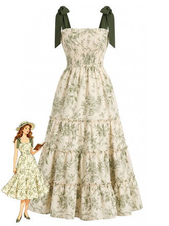 Grünes 40er Kleid mit Blumen und Schulterbindung