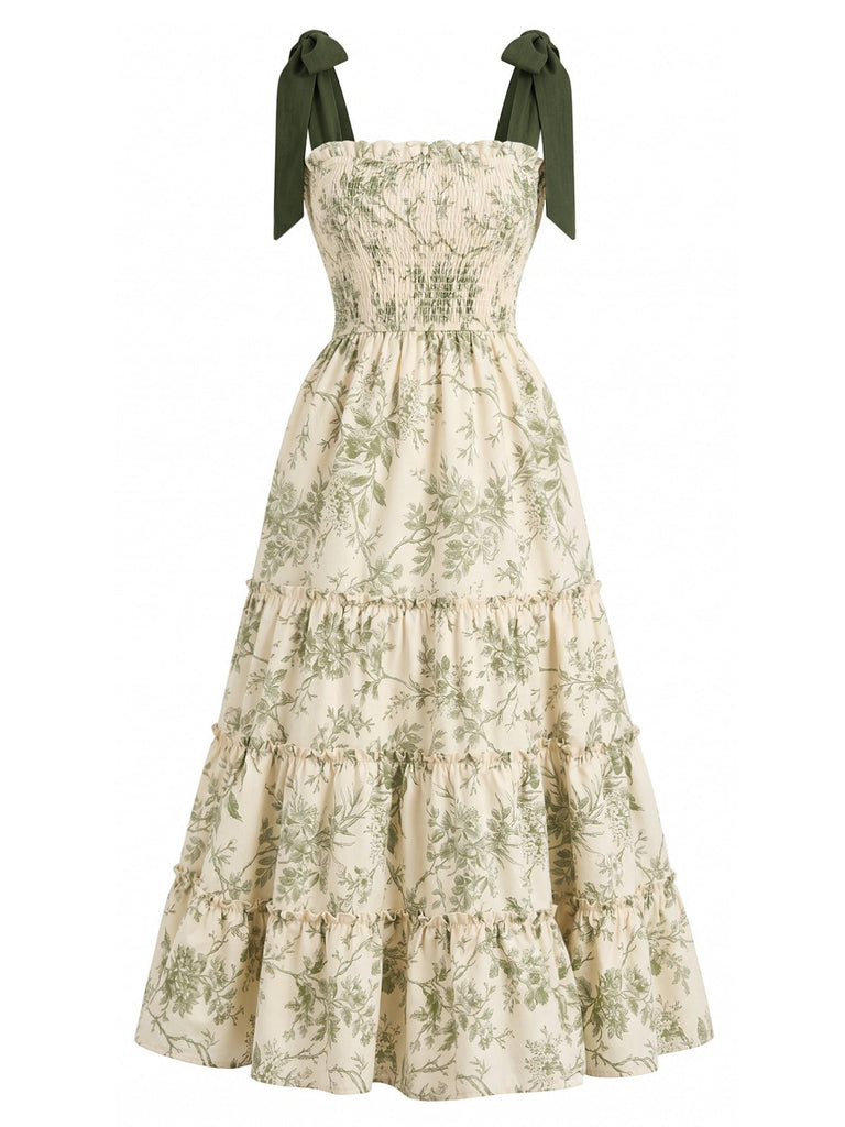 Grünes 40er Kleid mit Blumen und Schulterbindung
