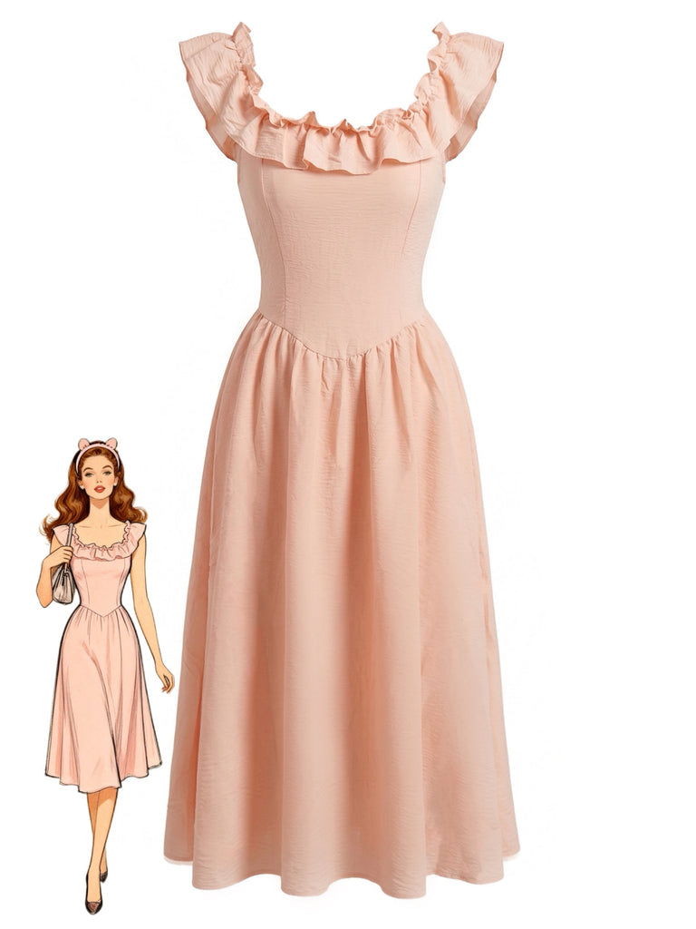 Rosa 40er Smockkleid mit Eckiger Ausschnitt und Rüschen