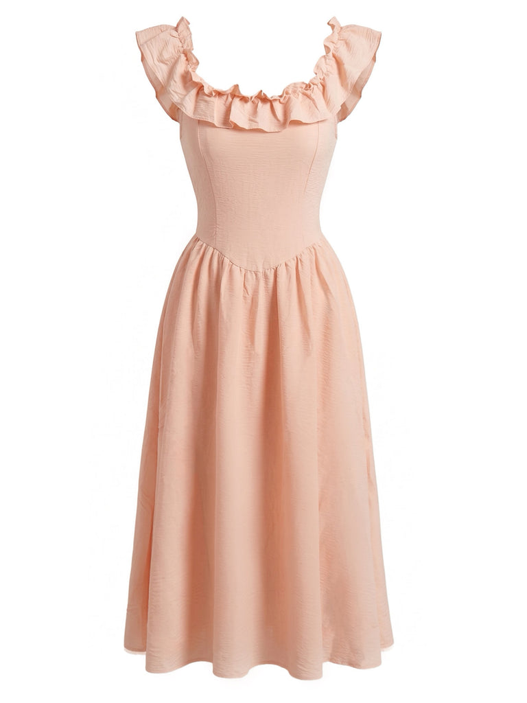 Rosa 40er Smockkleid mit Eckiger Ausschnitt und Rüschen