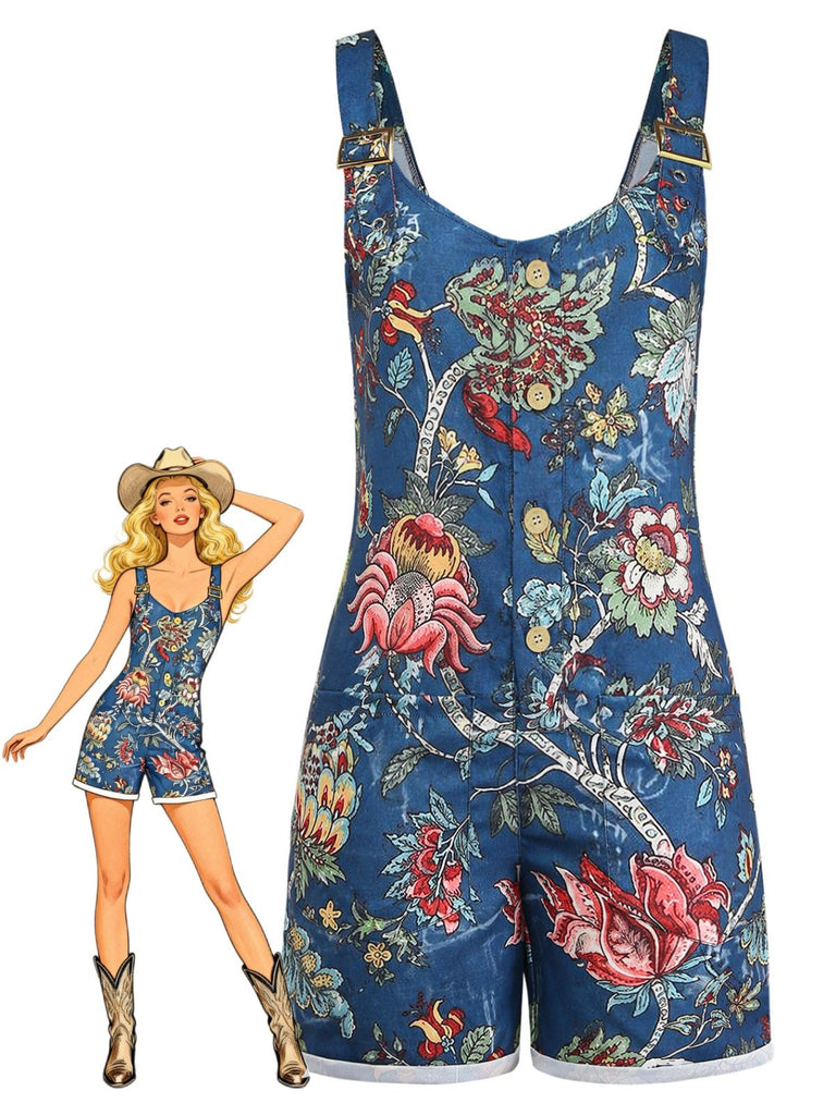 Blauer 70er Boho Romper mit Eckiger Ausschnitt und Blumen