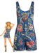 Blauer 70er Boho Romper mit Eckiger Ausschnitt und Blumen