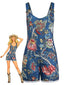 Blauer 70er Boho-Latzromper mit Blumen-Print und Knopfleiste