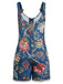Blauer 70er Boho Romper mit Eckiger Ausschnitt und Blumen