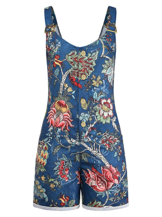 Blauer 70er Boho Romper mit Eckiger Ausschnitt und Blumen