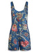 Blauer 70er Boho Romper mit Eckiger Ausschnitt und Blumen