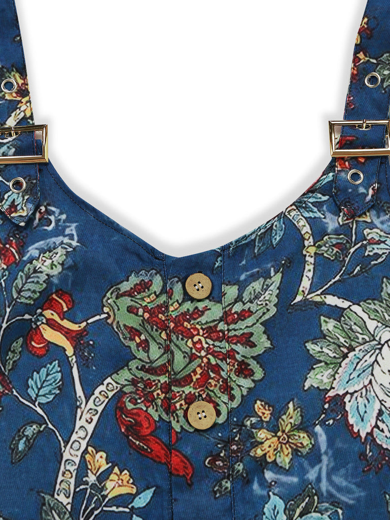 Blauer 70er Boho Romper mit Eckiger Ausschnitt und Blumen