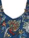Blauer 70er Boho Romper mit Eckiger Ausschnitt und Blumen