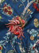 Blauer 70er Boho Romper mit Eckiger Ausschnitt und Blumen