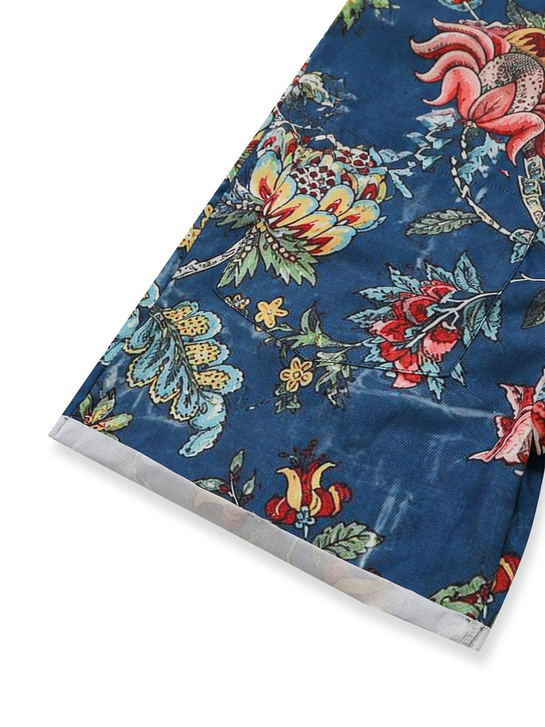 Blauer 70er Boho Romper mit Eckiger Ausschnitt und Blumen