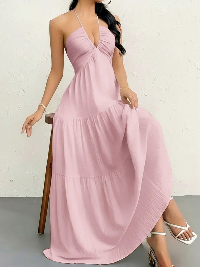 30er Maxikleid mit Neckholder und V-Ausschnitt