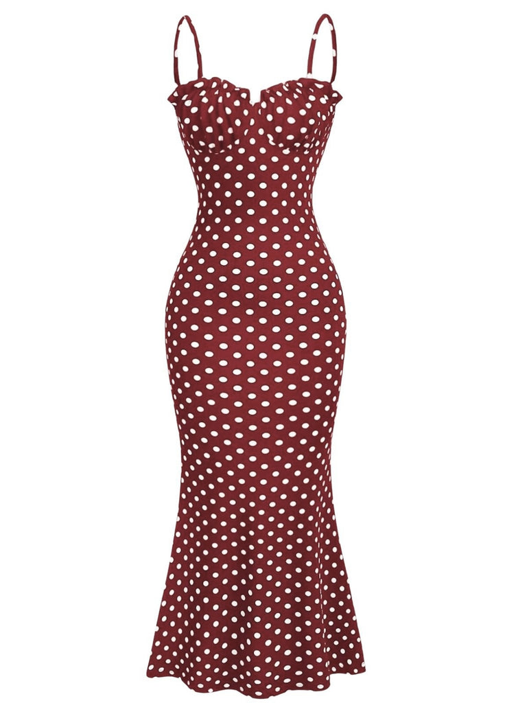 [Vorverkauf] Rotes 30er Fischschwanzkleid mit Spaghettiträger und Polka-Dots