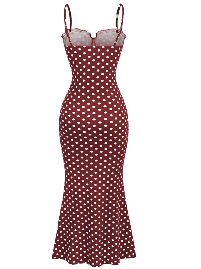 [Vorverkauf] Rotes 30er Fischschwanzkleid mit Spaghettiträger und Polka-Dots