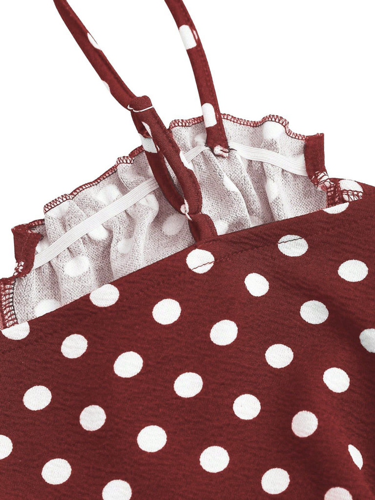 [Vorverkauf] Rotes 30er Fischschwanzkleid mit Spaghettiträger und Polka-Dots
