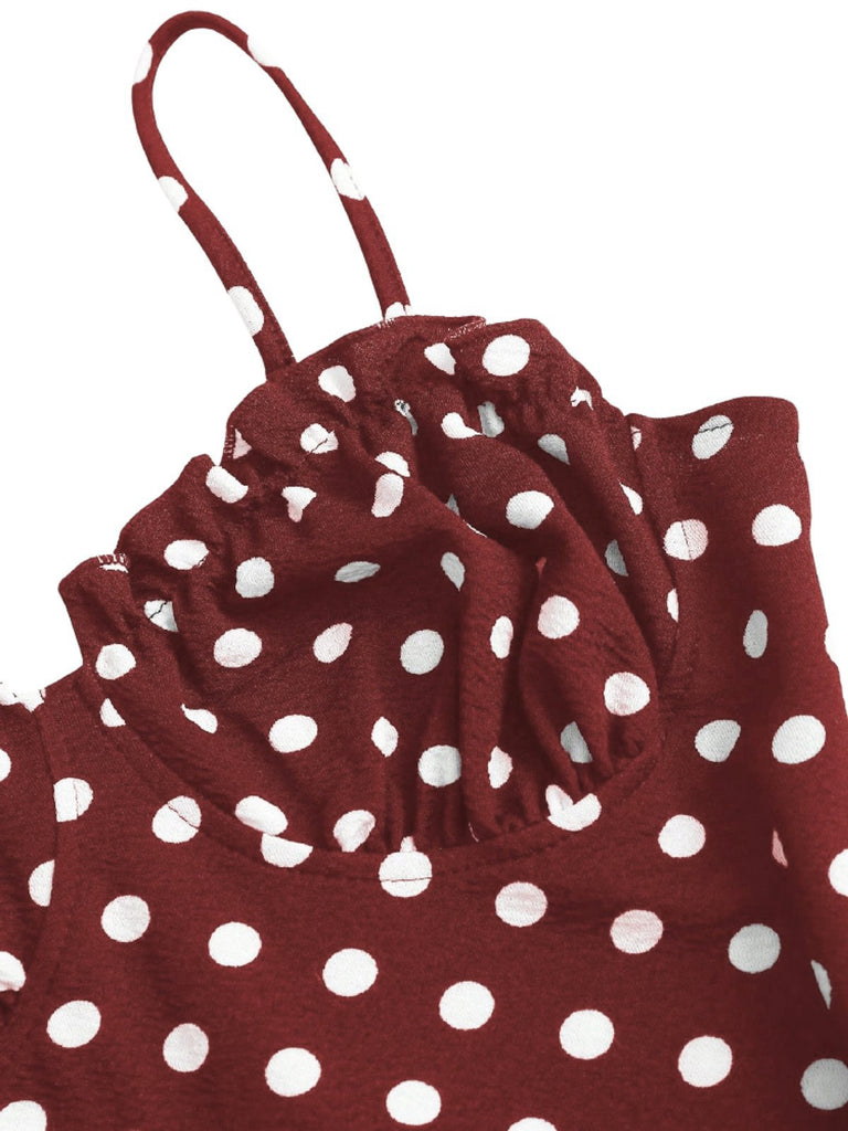 [Vorverkauf] Rotes 30er Fischschwanzkleid mit Spaghettiträger und Polka-Dots