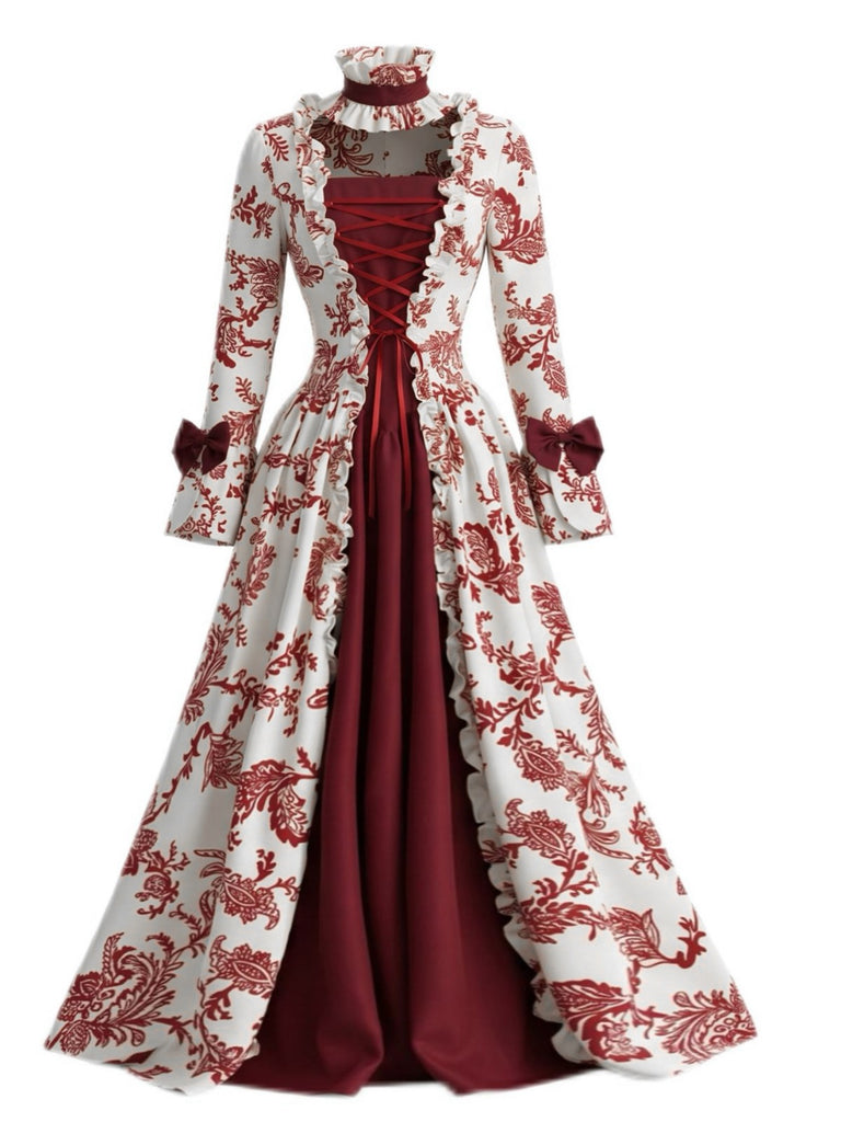 Rotes 30er Rokoko-Ballkleid mit Blumenmuster und Schnürung