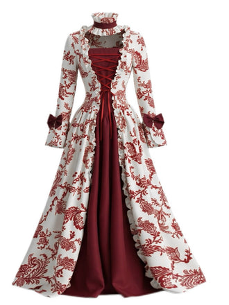 Rotes 30er Rokoko-Ballkleid mit Blumenmuster und Schnürung