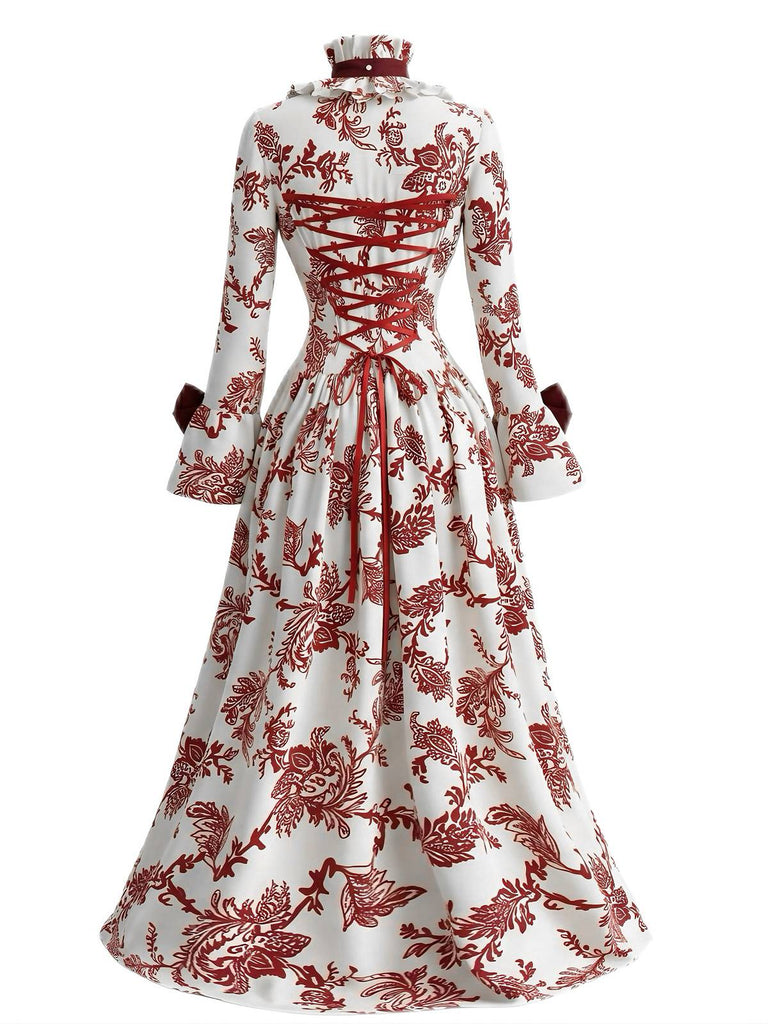 Rotes 30er Rokoko-Ballkleid mit Blumenmuster und Schnürung