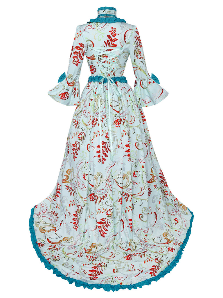 Blaues 70er Rokoko-Kleid mit Blumen-Print, Glockenärmeln und Rüschen