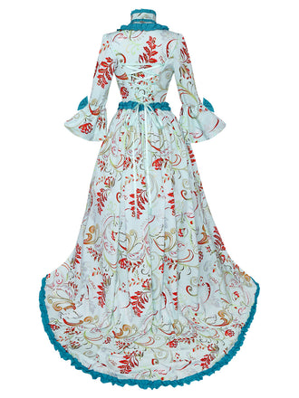 Blaues 70er Rokoko-Kleid mit Blumen-Print, Glockenärmeln und Rüschen