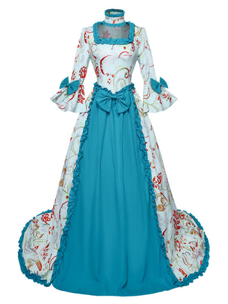 Blaues 70er Rokoko-Kleid mit Blumen-Print, Glockenärmeln und Rüschen