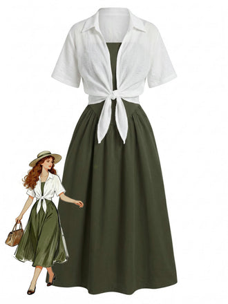 Grünes 50er Set aus gesmoktem Midikleid mit Spaghettiträgern und kurzem Shirt