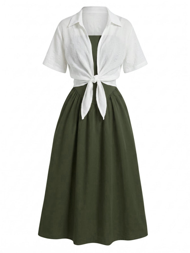 Grünes 50er Set aus gesmoktem Midikleid mit Spaghettiträgern und kurzem Shirt