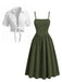 Grünes 50er Set aus gesmoktem Midikleid mit Spaghettiträgern und kurzem Shirt
