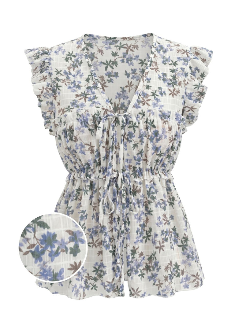 70er Top mit V-Ausschnitt und Blumen