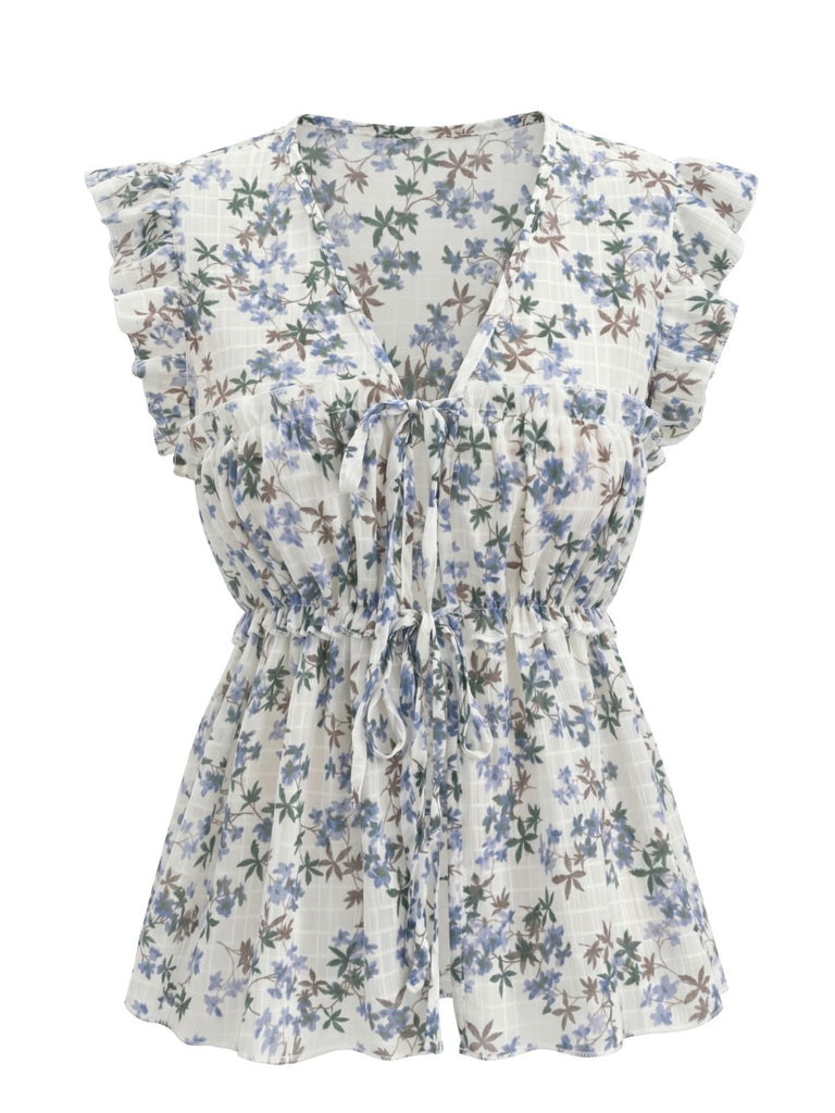 70er Top mit V-Ausschnitt und Blumen