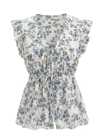 70er Top mit V-Ausschnitt und Blumen