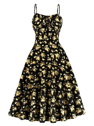 40er Ärmelloses Swingkleid mit Spaghettiträger und Blumen
