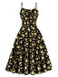 Schwarzes 40er Swingkleid mit Spaghettiträger und Blumen