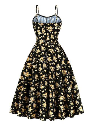 40er Ärmelloses Swingkleid mit Spaghettiträger und Blumen