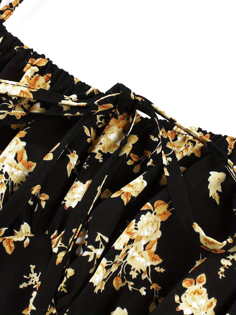 40er Ärmelloses Swingkleid mit Spaghettiträger und Blumen