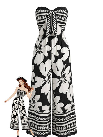 Schwarzer 70er Trägerloser Jumpsuit mit Blumen und Vorderbindung
